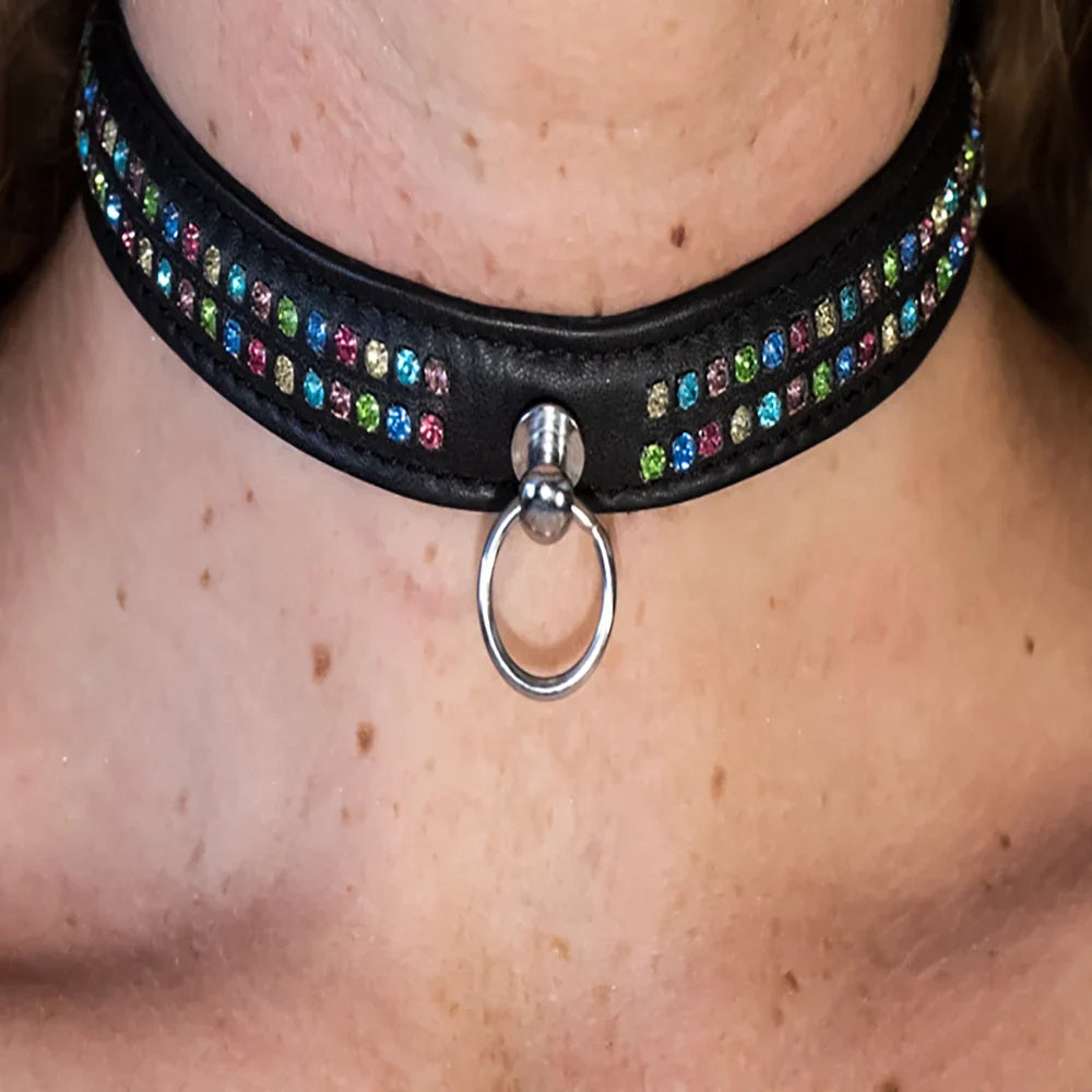 BDSM-Lederhalsband mit Strasssteinen, 2-reihig, schmal gefüttert, 40 cm, von Chambers of Love