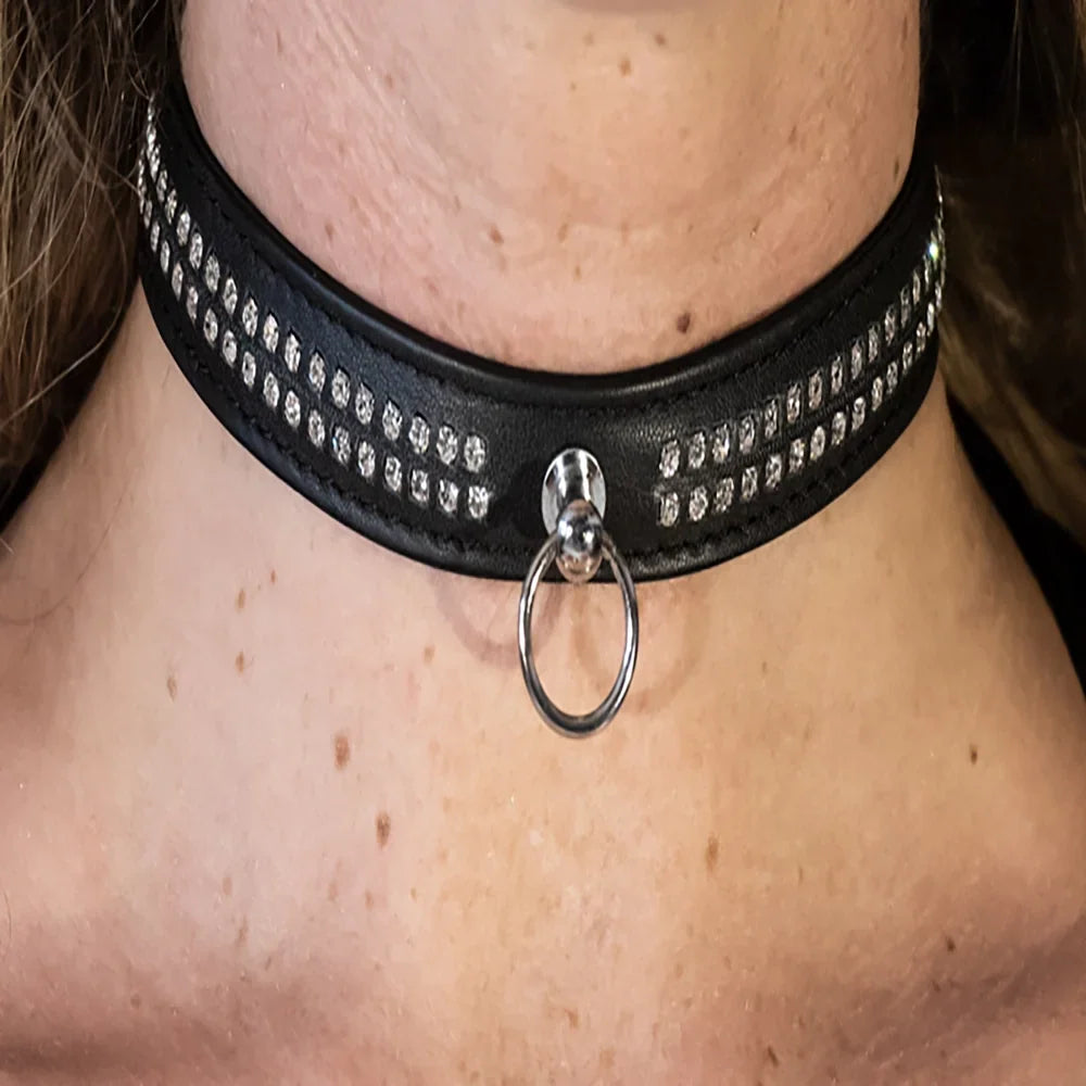 BDSM-Lederhalsband mit Strasssteinen, 2 Reihen, schmal gefüttert