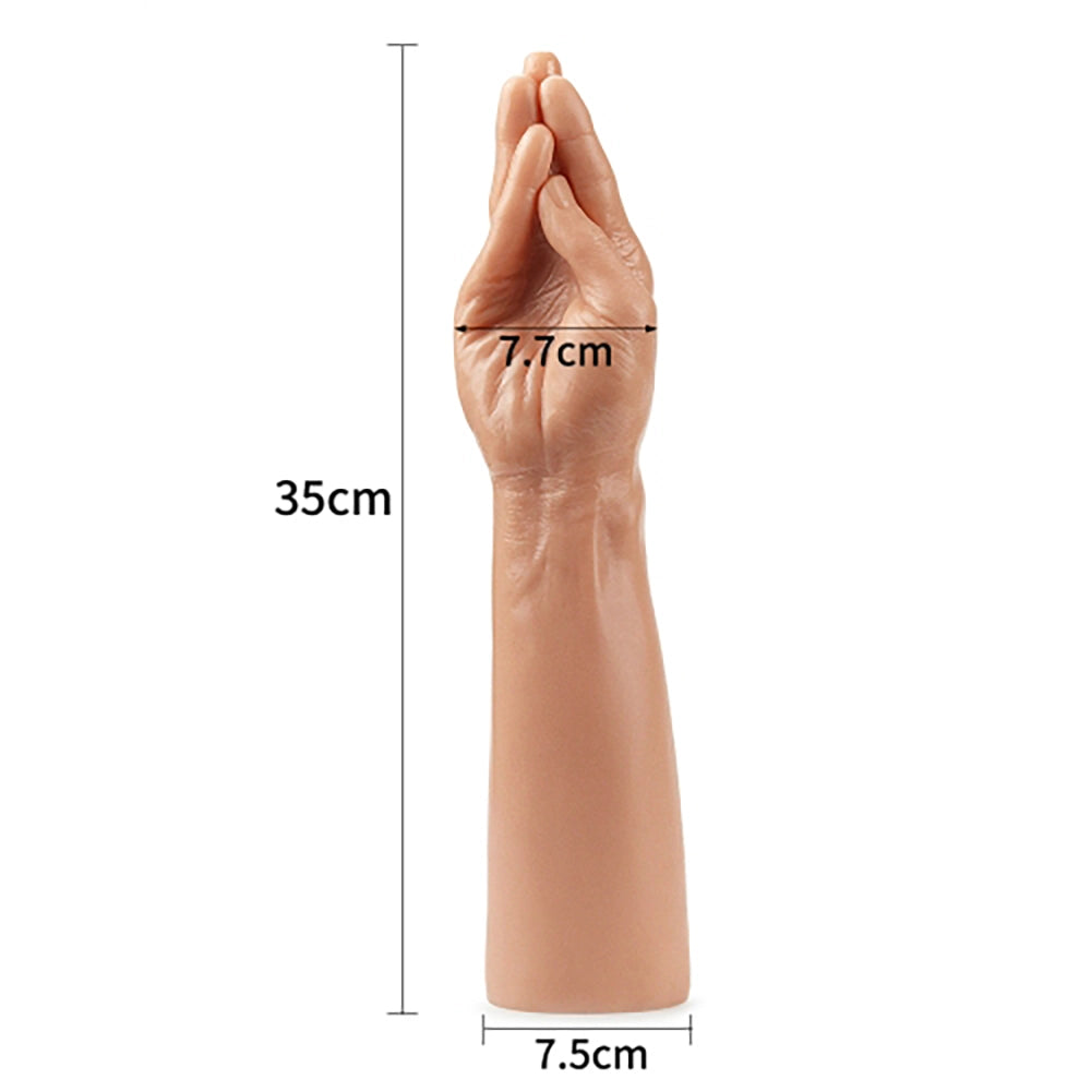 Konisk fisthand LoveToy LV2210 måttbild hudfärgad PVC 35 cm total längd 7,7 cm bredd hand 7,5 cm bas från Chambers of Love