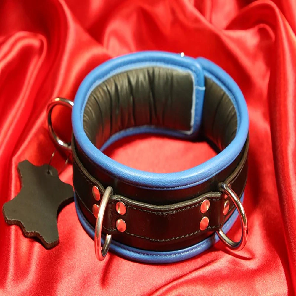 Låsbar Svart BDSM Lädercollar med 3 D-ringar och blå kant från Chambers of Love