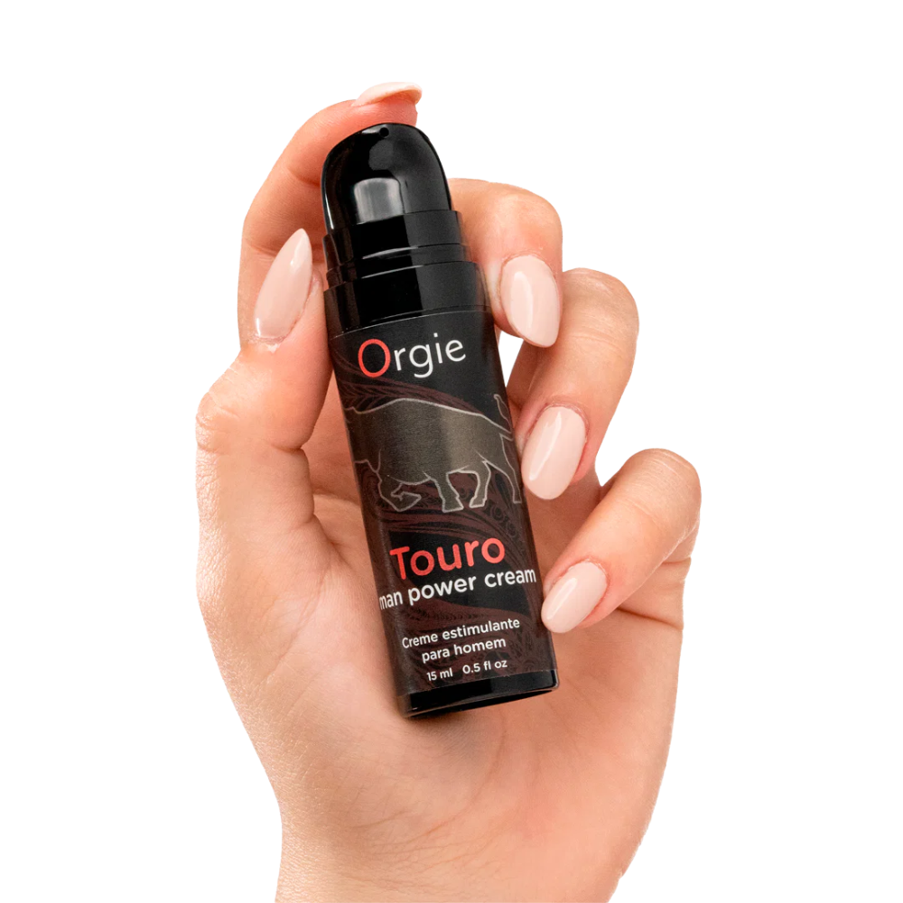erektionskräm Orgie Touro Power Cream 15ml airless flaska i hand hos Chambers of Love