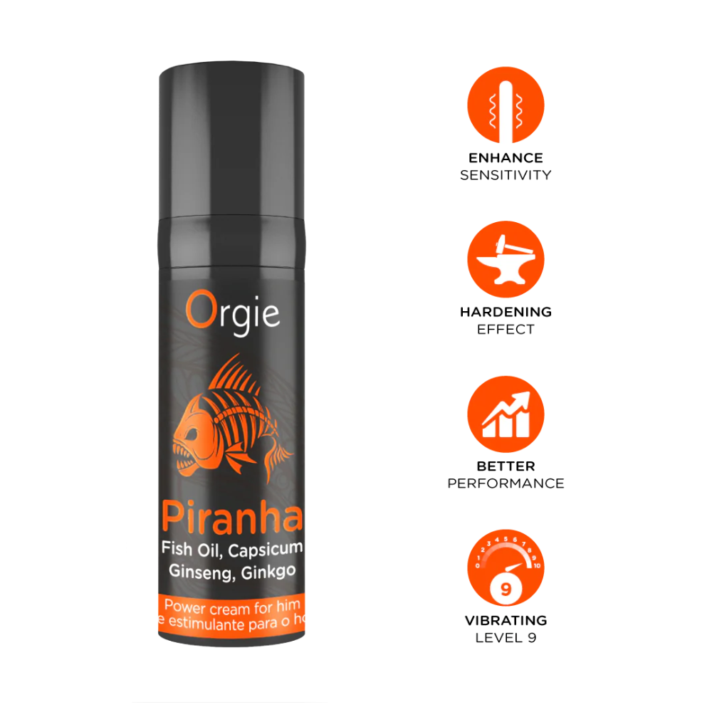 Orgie Piranha Power Cream för honom - stimulerande kräm med vibrerande effekt nivå 9, förbättrad känslighet och hårdare erektion hos Chambers of Love 