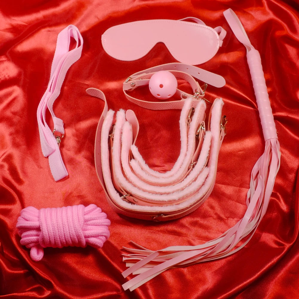 Rosa pelzgefüttertes BDSM-Set – 7-teilig