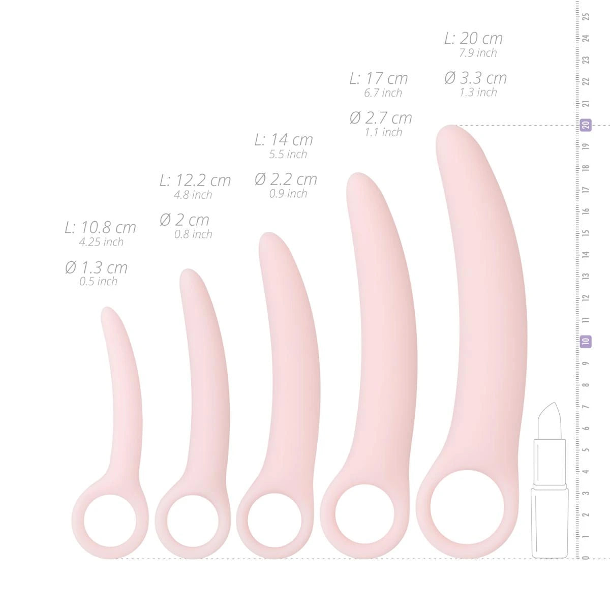 Vaginala dilatorer – Teazers Vaginala Dilatorer – storleksangivning med längd och diameter hos Chambers of Love