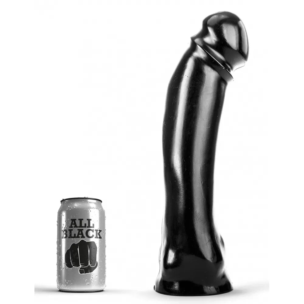 Stor svart dildo – All Black Big Time AB-50 – 29 cm, storlek visad bredvid All Black 33 cl burk från Chambers of Love's sortiment

